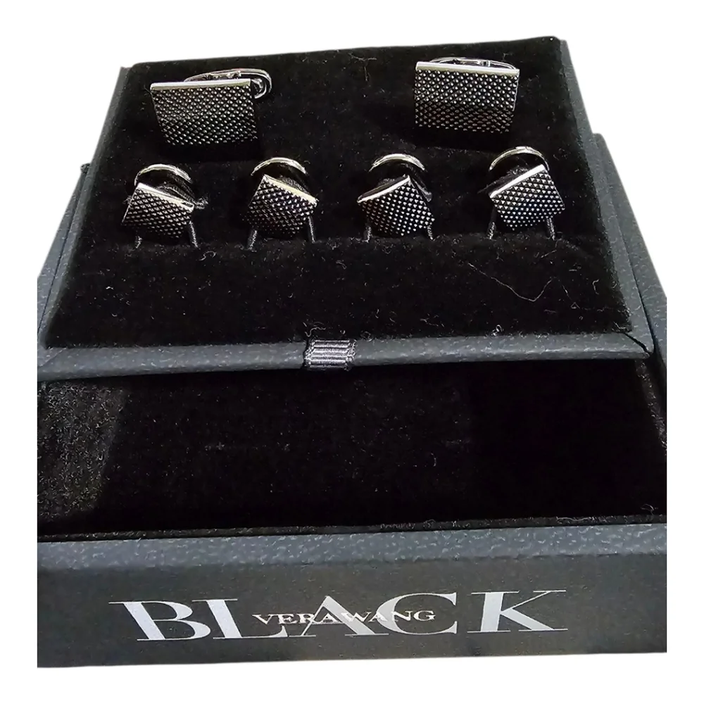 VERA WANG BLACK Textured Square Gun Metal Cufflinks & Studs Set
